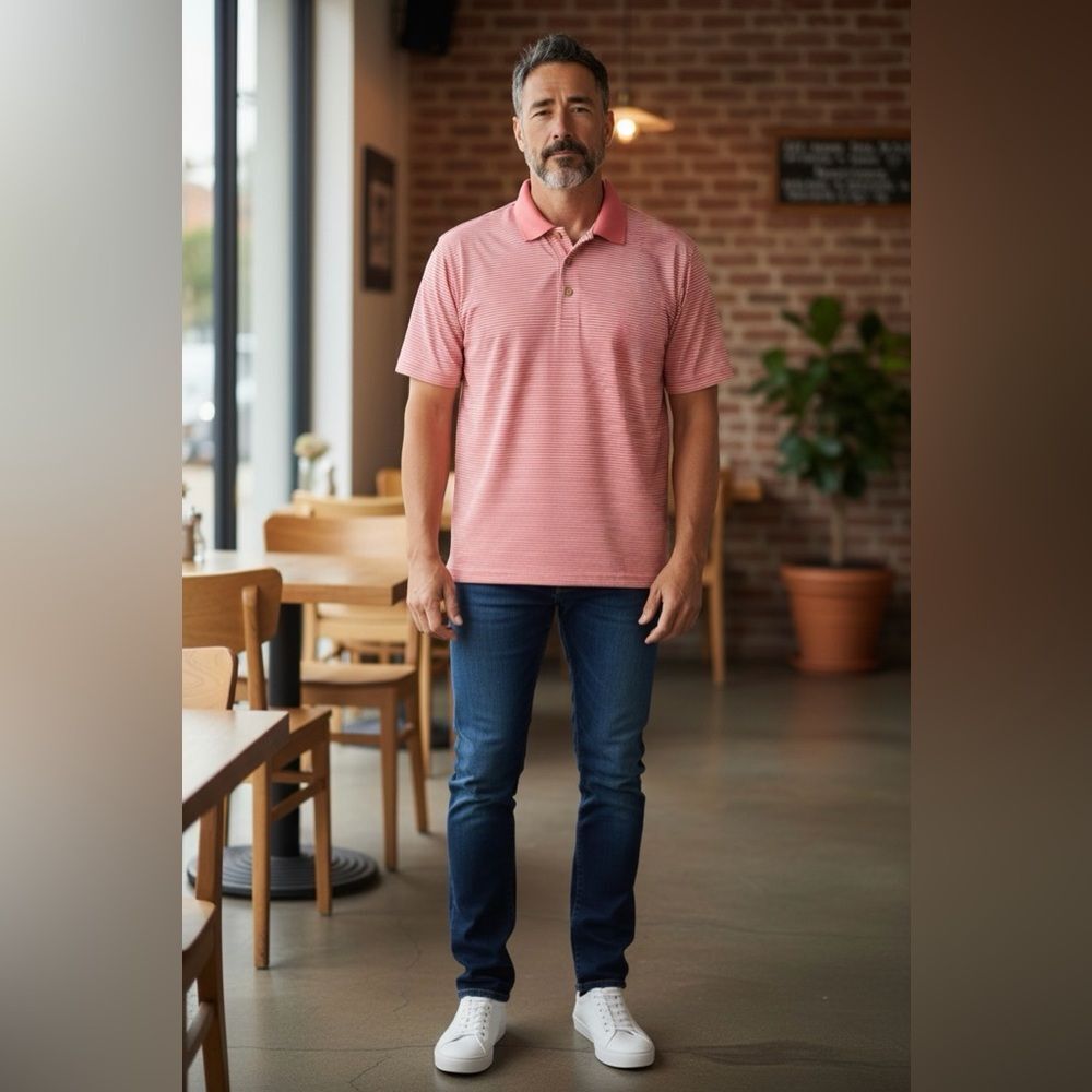 Cubavera Men's Pink White Striped Polo Shirt L